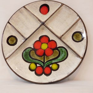 Divisor de cerámica esmaltada vintage suizo pintado a mano firmado / plato de fondue / vajilla