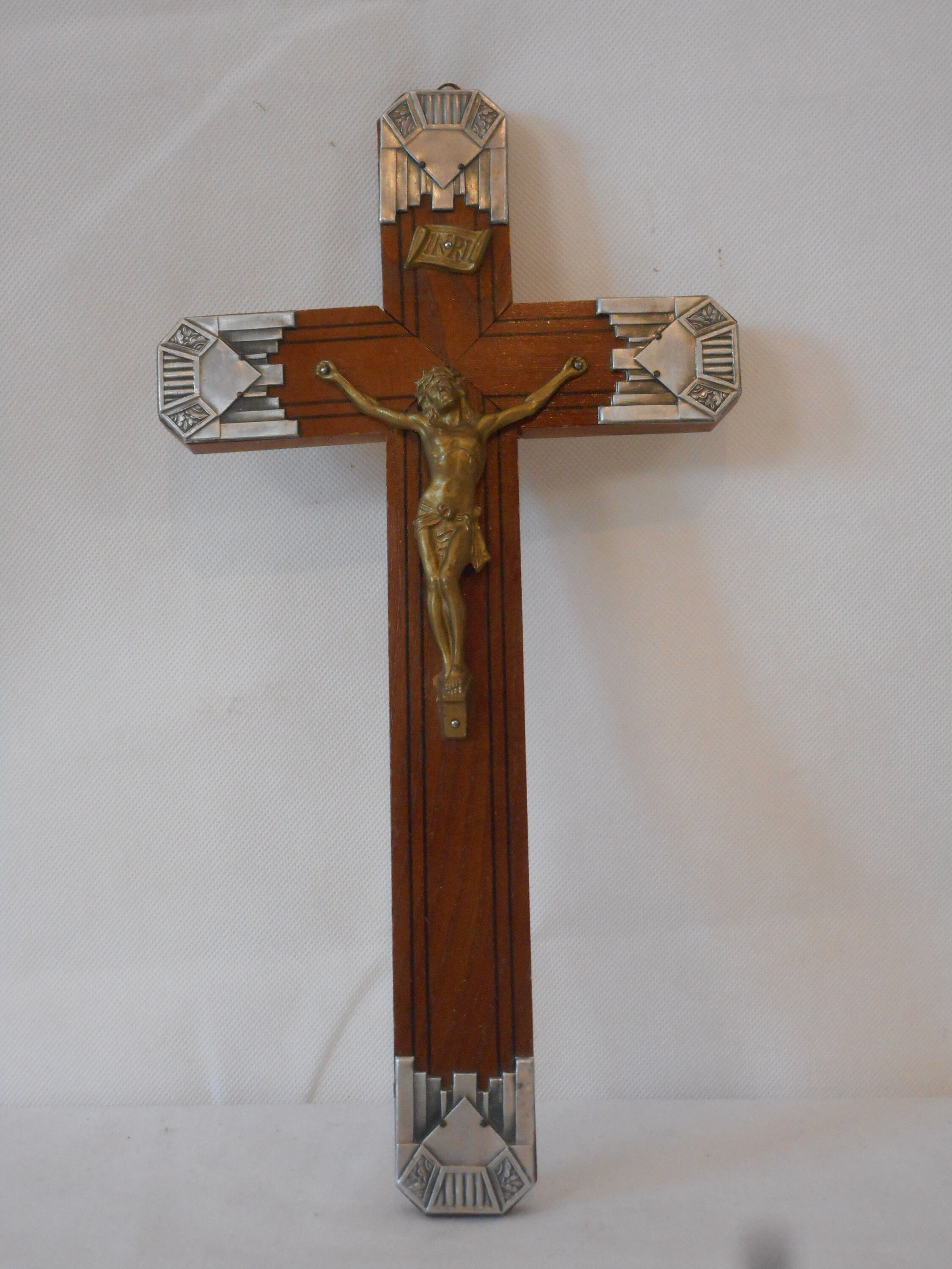 Vintage Français Bois et Laiton Croix de Crucifix Religieux/Décor