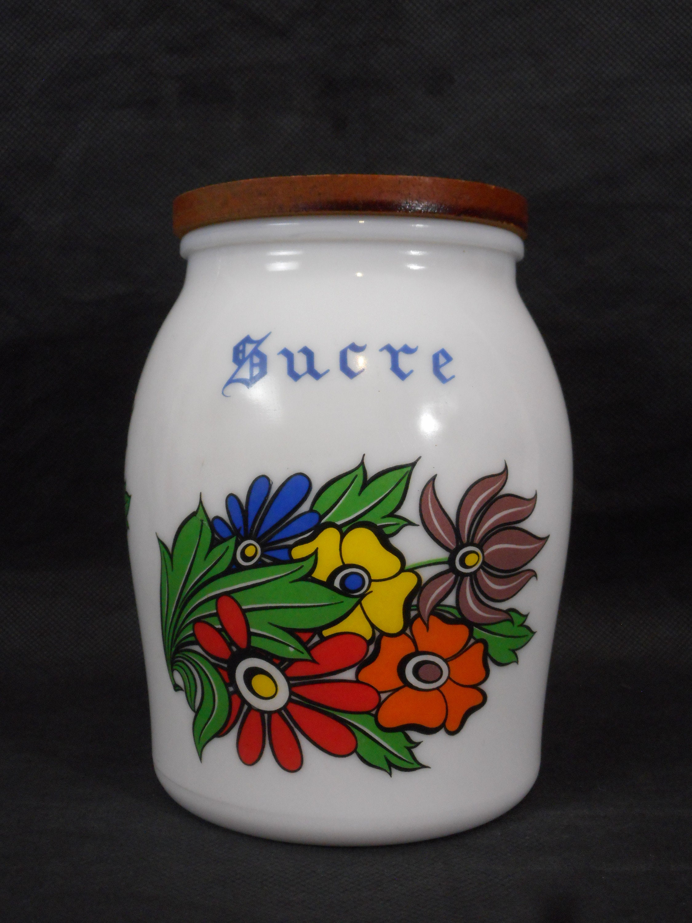 vintage French white glass lidded Sucre / sugar storage jar / canister / kitchenware