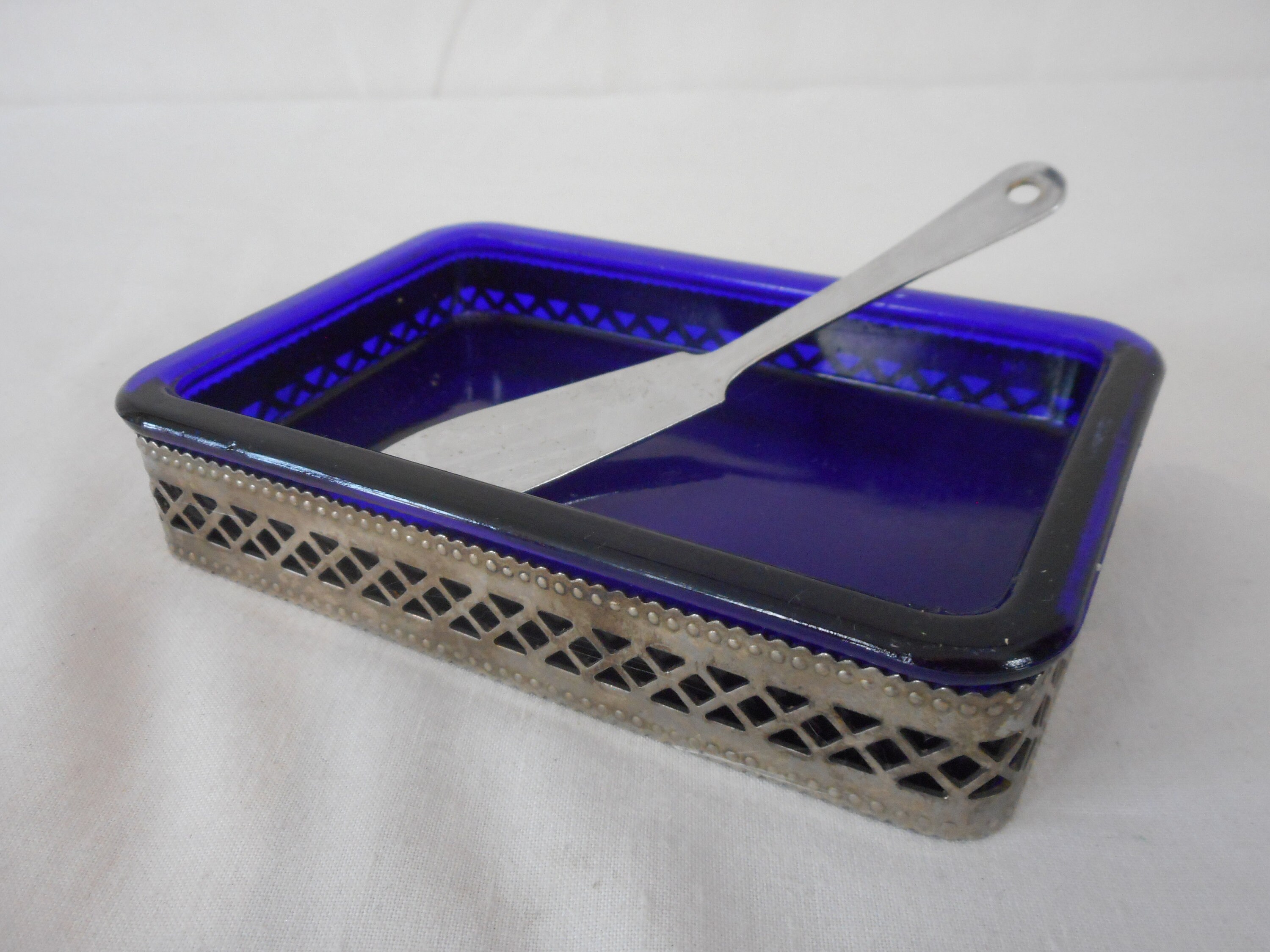 Vintage Français Plat Au Beurre en Verre Bleu/Vaisselle Ustensiles de Cuisine