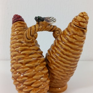 vintage French Vallauris glazed ceramic Cicada Oil and Vinegar table condiment set / tableware