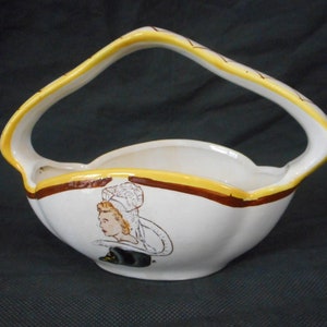 P## vintage French hand made / painted basket shaped vase / ornament
