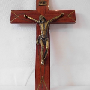 vintage French wood and brass religious crucifix cross / Religious Decor