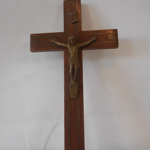 vintage French wood and brass religious crucifix cross / Decor