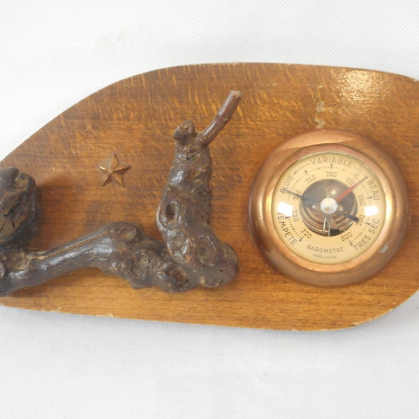 hand made vintage French wall mountable shaped wooden decorative barometer