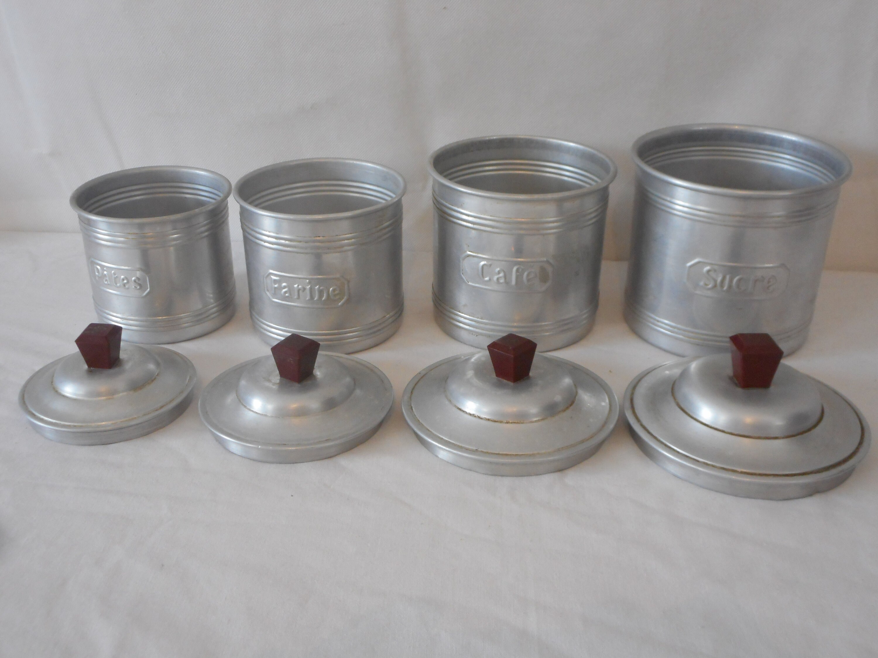 Ensemble de 4 Pots Rangement Cuisine en Aluminium Vintage Français à Couvercle/Bidons Français