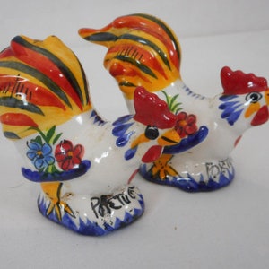 pair vintage Portuguese hand painted ceramic salt and pepper pots / tableware