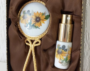 Miroir de poche vintage à collectionner en porcelaine allemande et vaporisateur de parfum