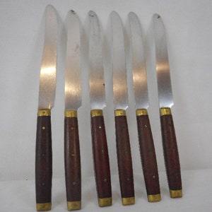 set of six French vintage wood and brass table knifes / tableware / cutlery