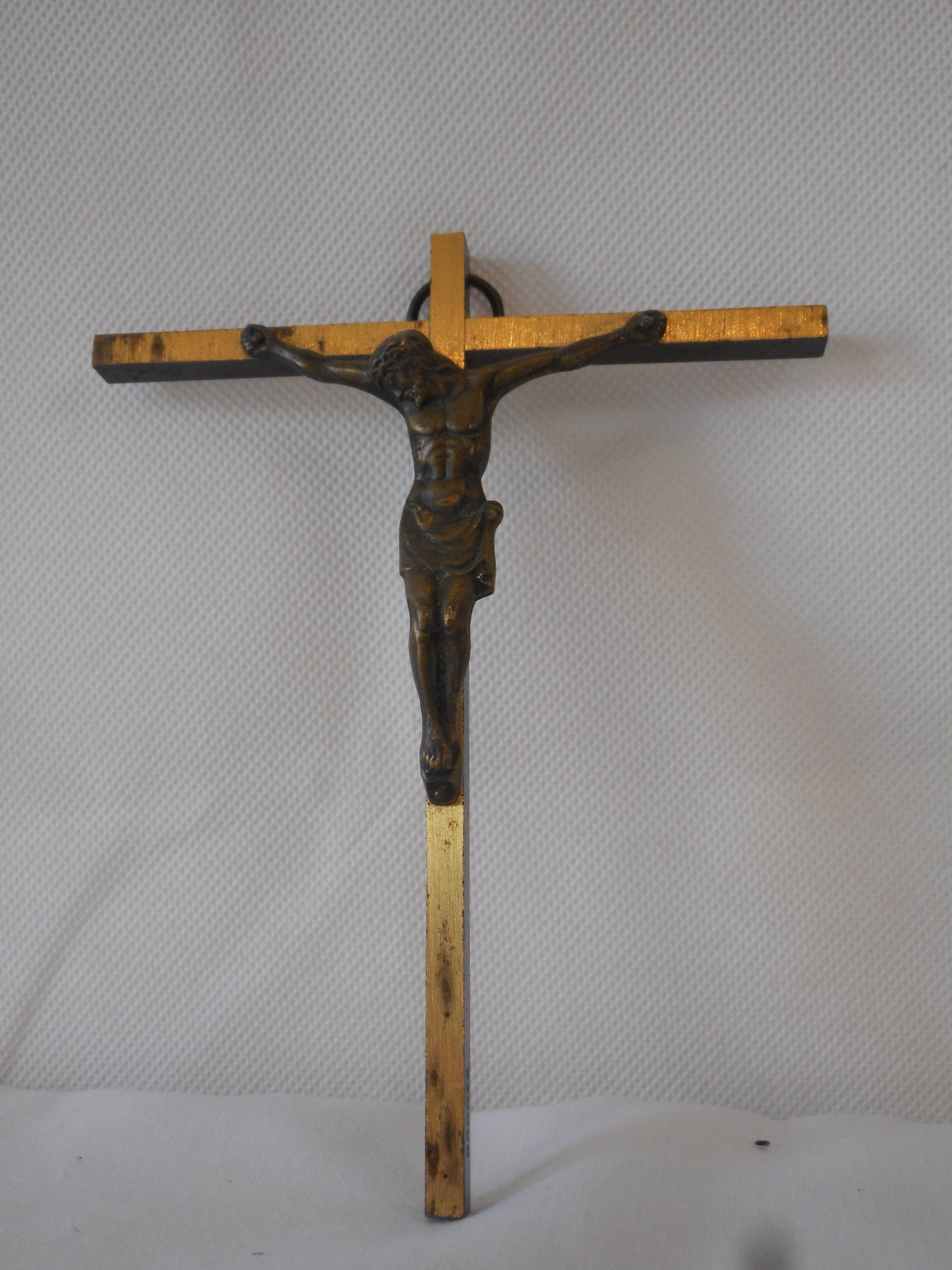 Vintage Français Croix de Crucifix Religieux en Laiton et Bronze Montable Au Mur