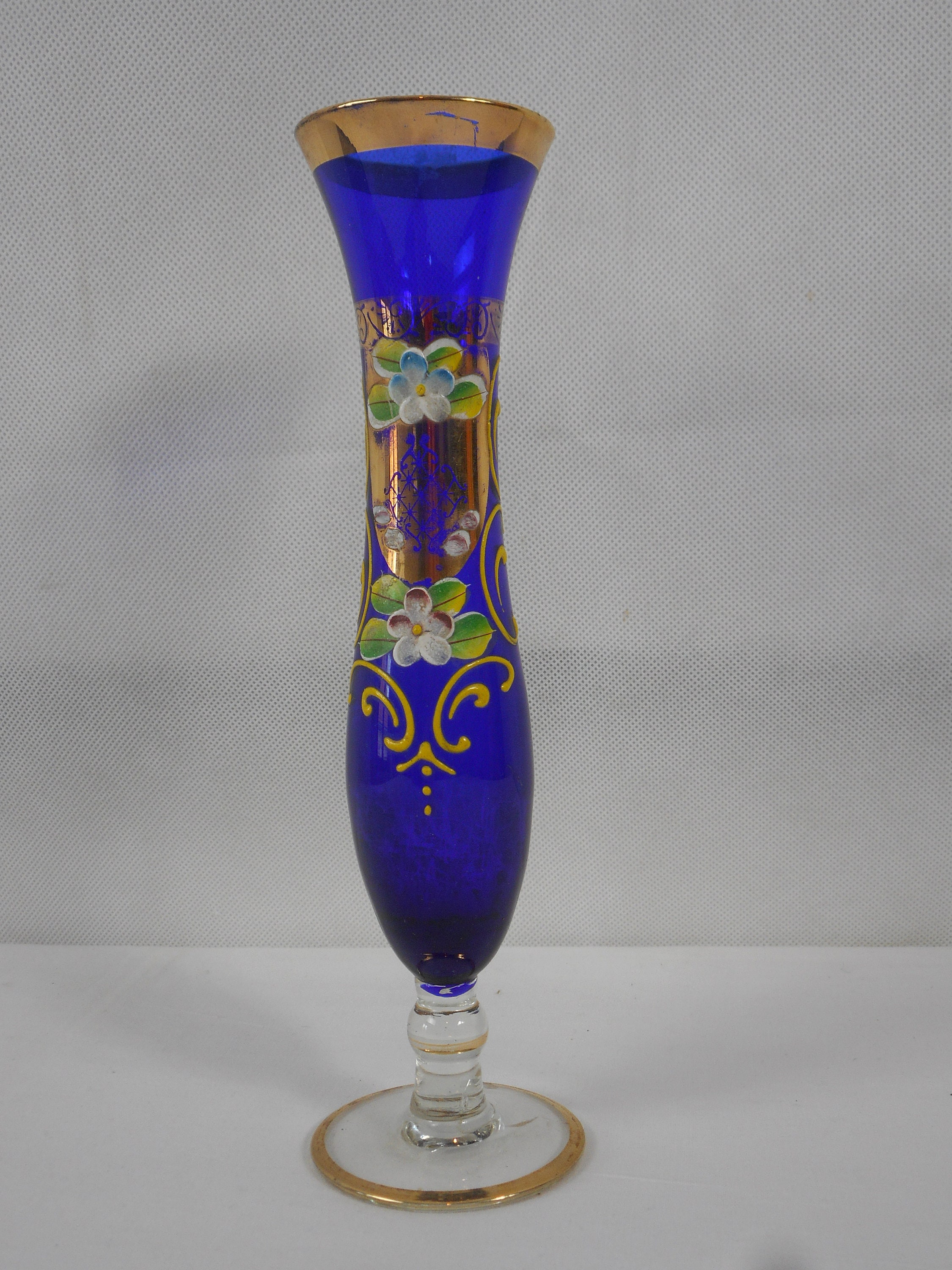 Superbe Vintage Français Vase Décoratif en Verre Bleu Peint à La Main