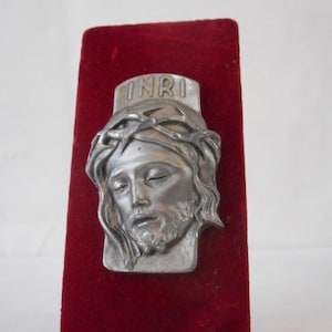 vintage French small wall mountable pewter Jesus Religious picture / Plaque