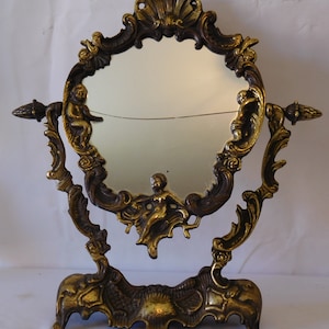 Specchio da toeletta / da trucco in ottone da appoggio vintage francese / arredamento francese