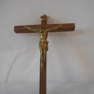vintage French small wood and brass religious crucifix cross / Decor