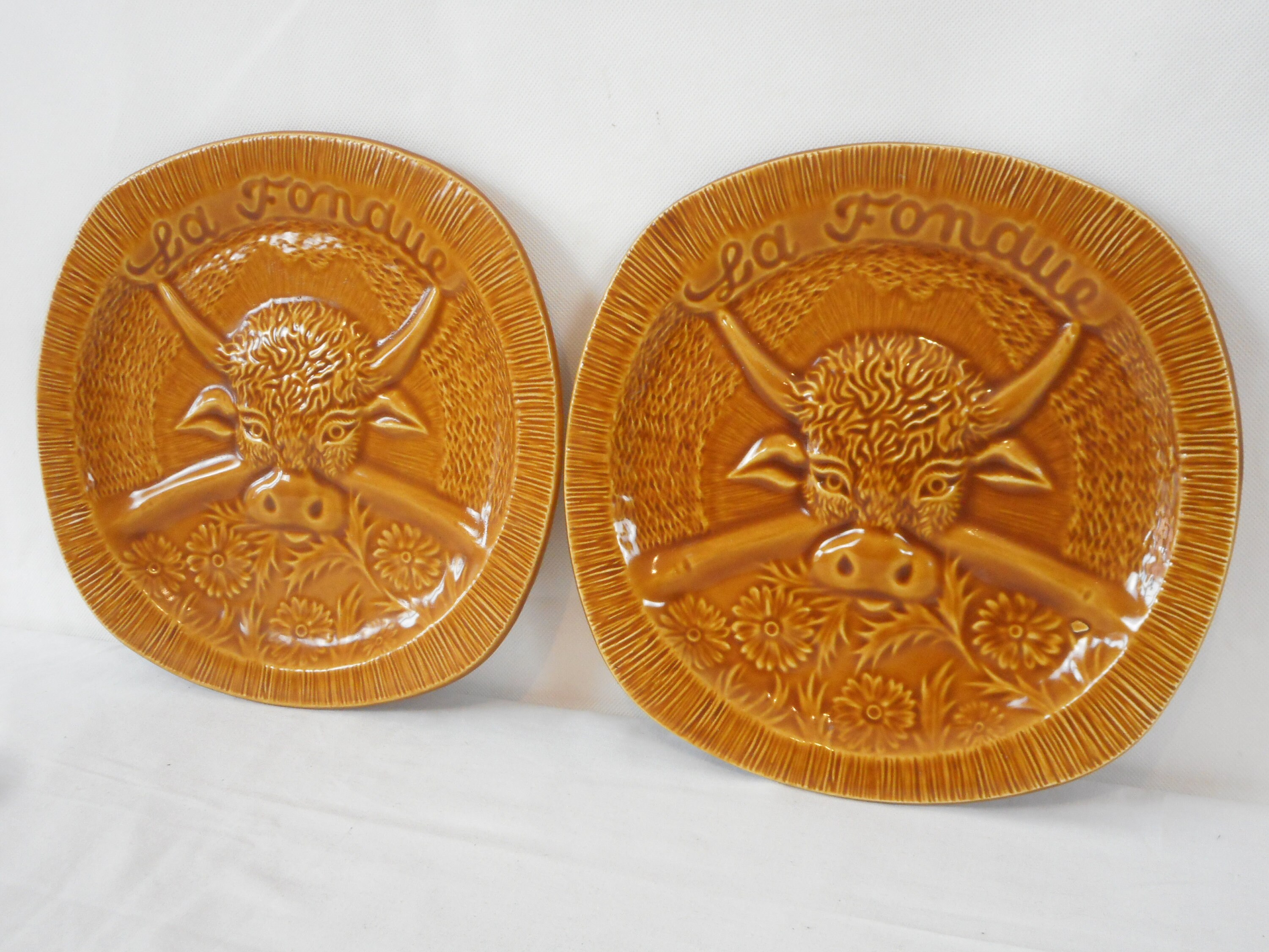 Paire de Français Vintage Diviseur en Céramique Émaillée/Assiettes à Fondue Vaisselle