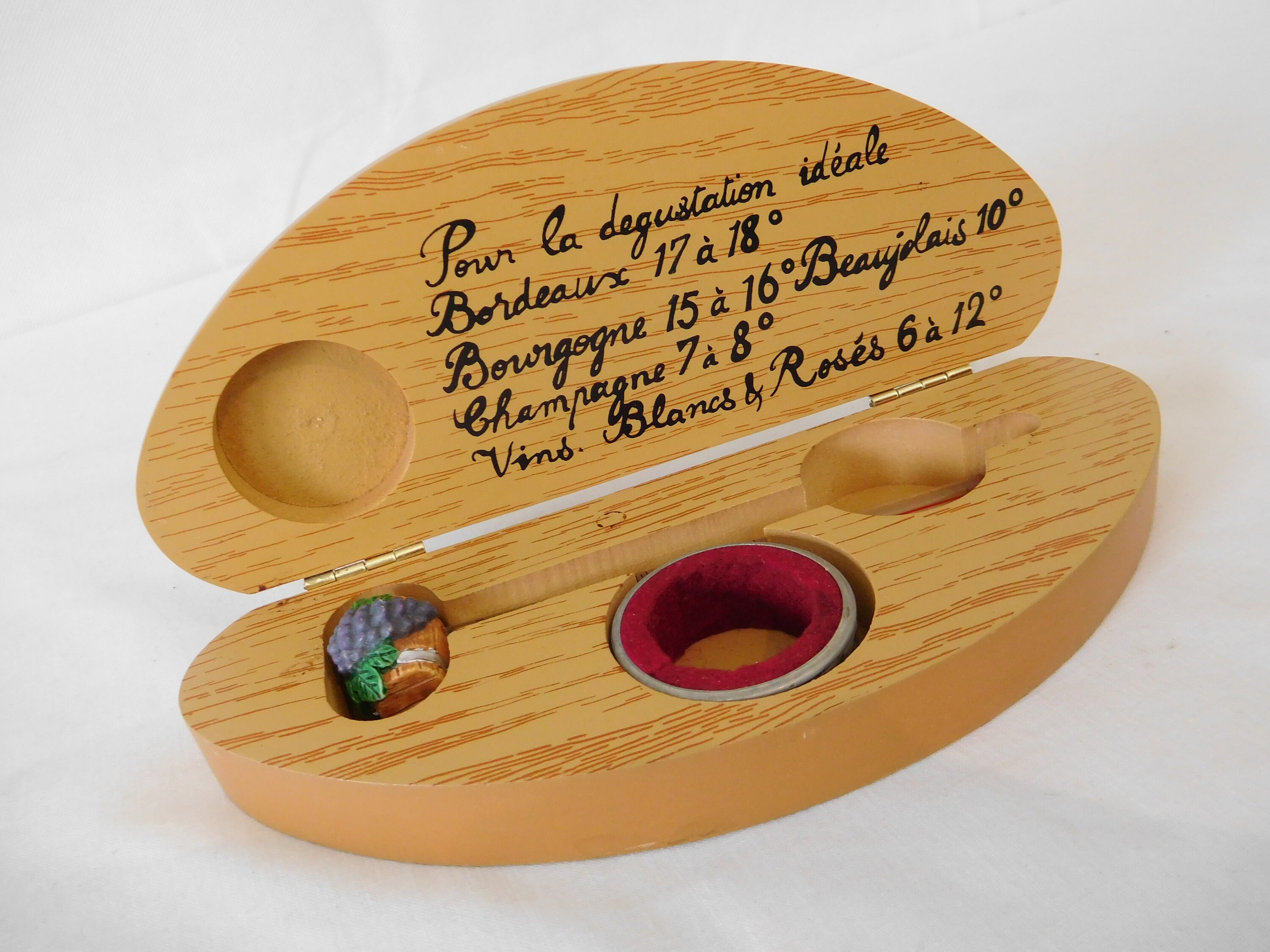 thermomètre à vin français vintage de collection et support en bois verre