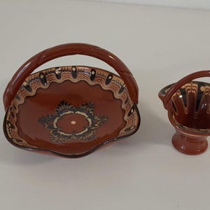 pair of vintage French pottery basket shaped trinket dishes / ornaments