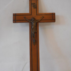 vintage French wood and brass religious crucifix cross / Decor