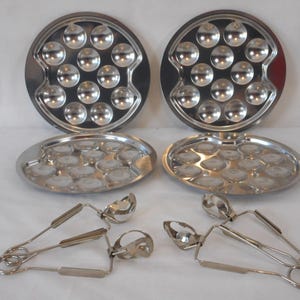 set of 4 vintage French stainless Steel Escargot / snail serving dishes and 4 tongs