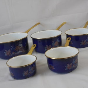 set of 5 vintage French Enameled pans with brass handles