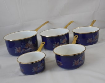 set of 5 vintage French Enameled pans with brass handles