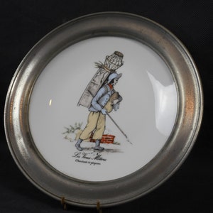 collectable Elegant vintage French pewter and porcelain decorative plate / ornament