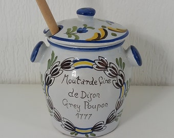 pot de moutarde à couvercle peint à la main en céramique française vintage / boîte métallique / ustensiles de cuisine
