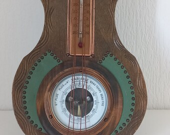 Baromètre Ancien Forme De Guitare Avec Thermomètre – Bois – Décor Rétro