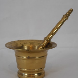 stunning vintage French solid brass mortar and pestle / kitchen utensils