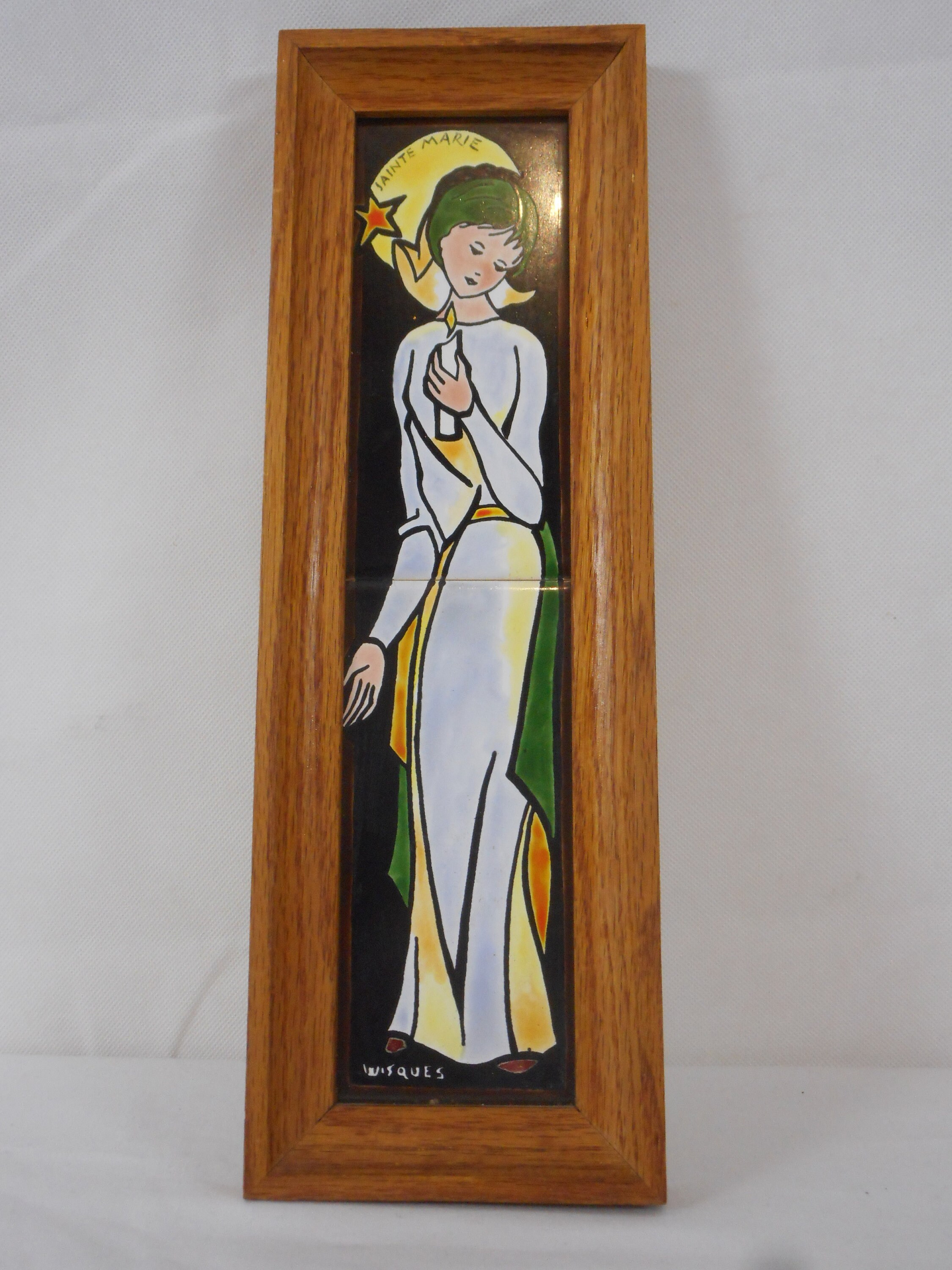 Superbe Vintage Français Mural Montable Encadré Sainte Marie Céramique et Émail Photo/Décor Français