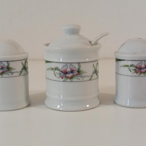 vintage French Porcelain 3 piece table condiment set salt and pepper and mustard pots