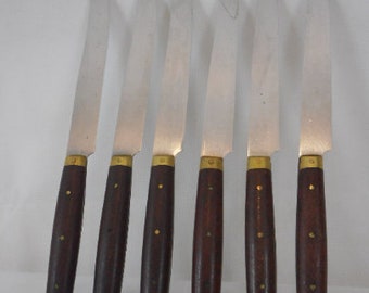 set of six French vintage wood and brass table knifes / tableware / cutlery