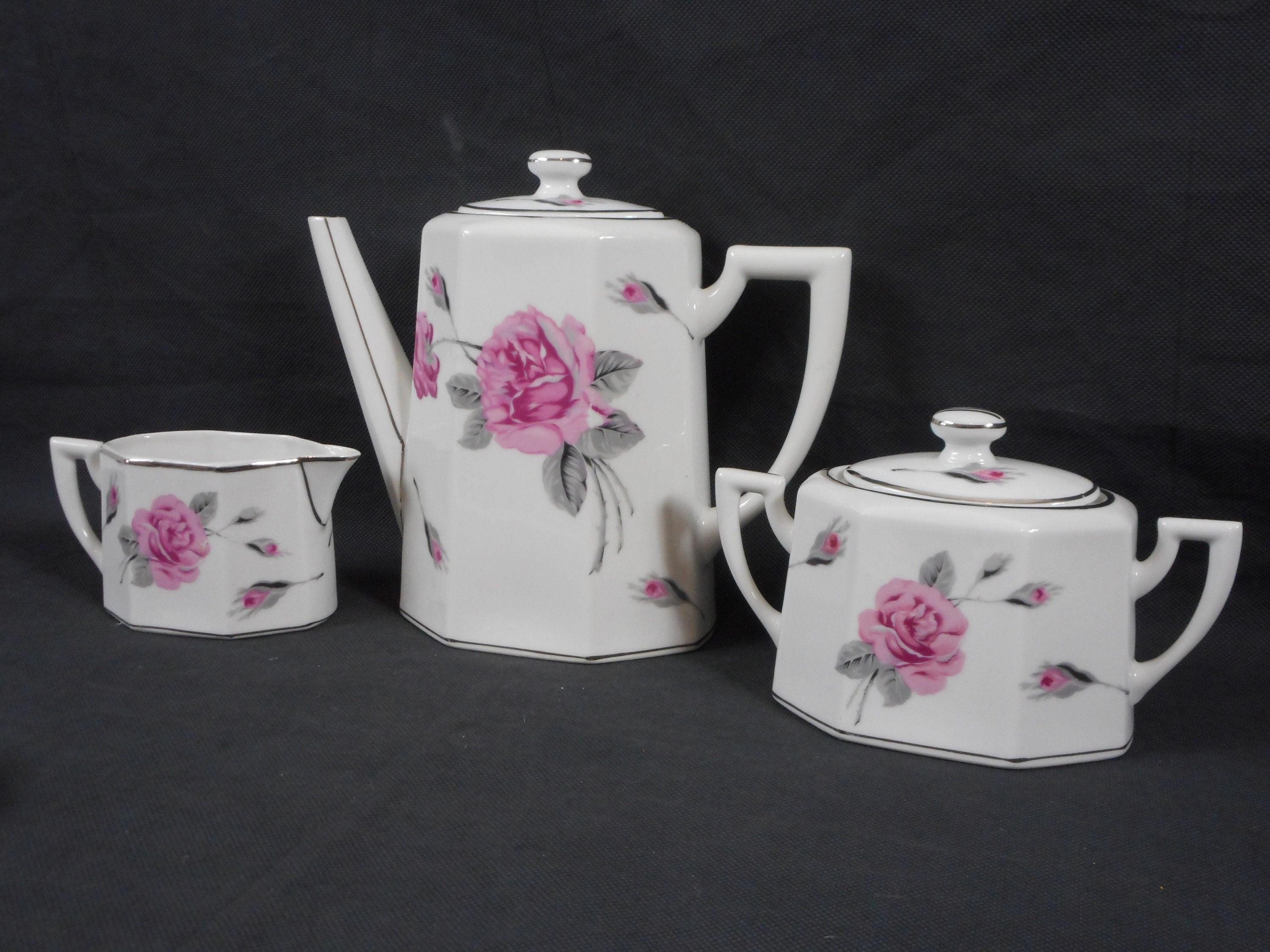 Superbe 3 Piece Vintage Français Limoges T.l.b Cafetière en Porcelaine/Crème Pot de Sucre