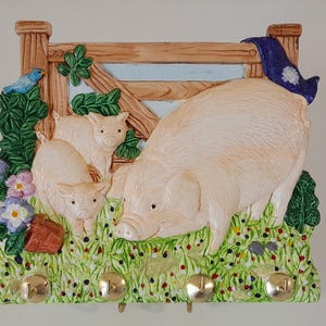 French hand made wall hanging Plaster Of Paris Key Hanger designed as Pigs