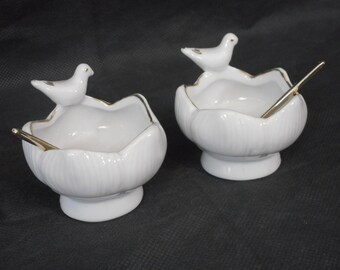 Pair of vintage French porcelain table salt cellars designed as Birds