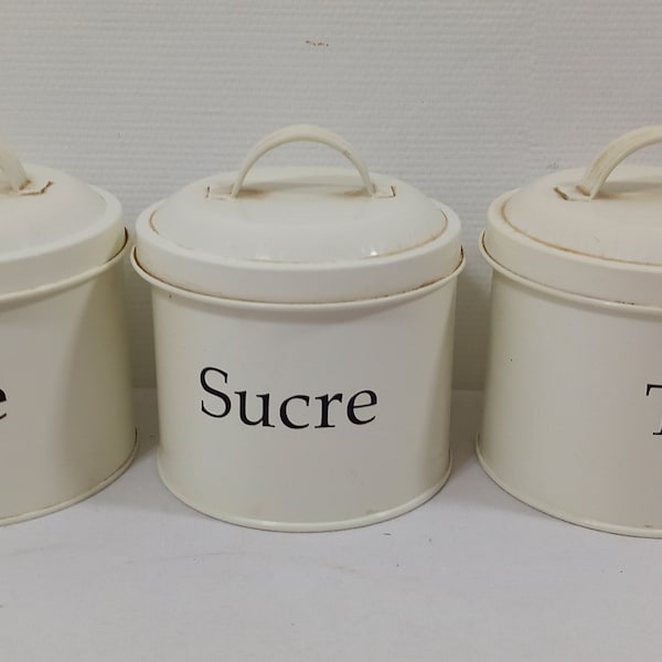 set of 3 vintage French enamelled lidded kitchen storage jars / canister