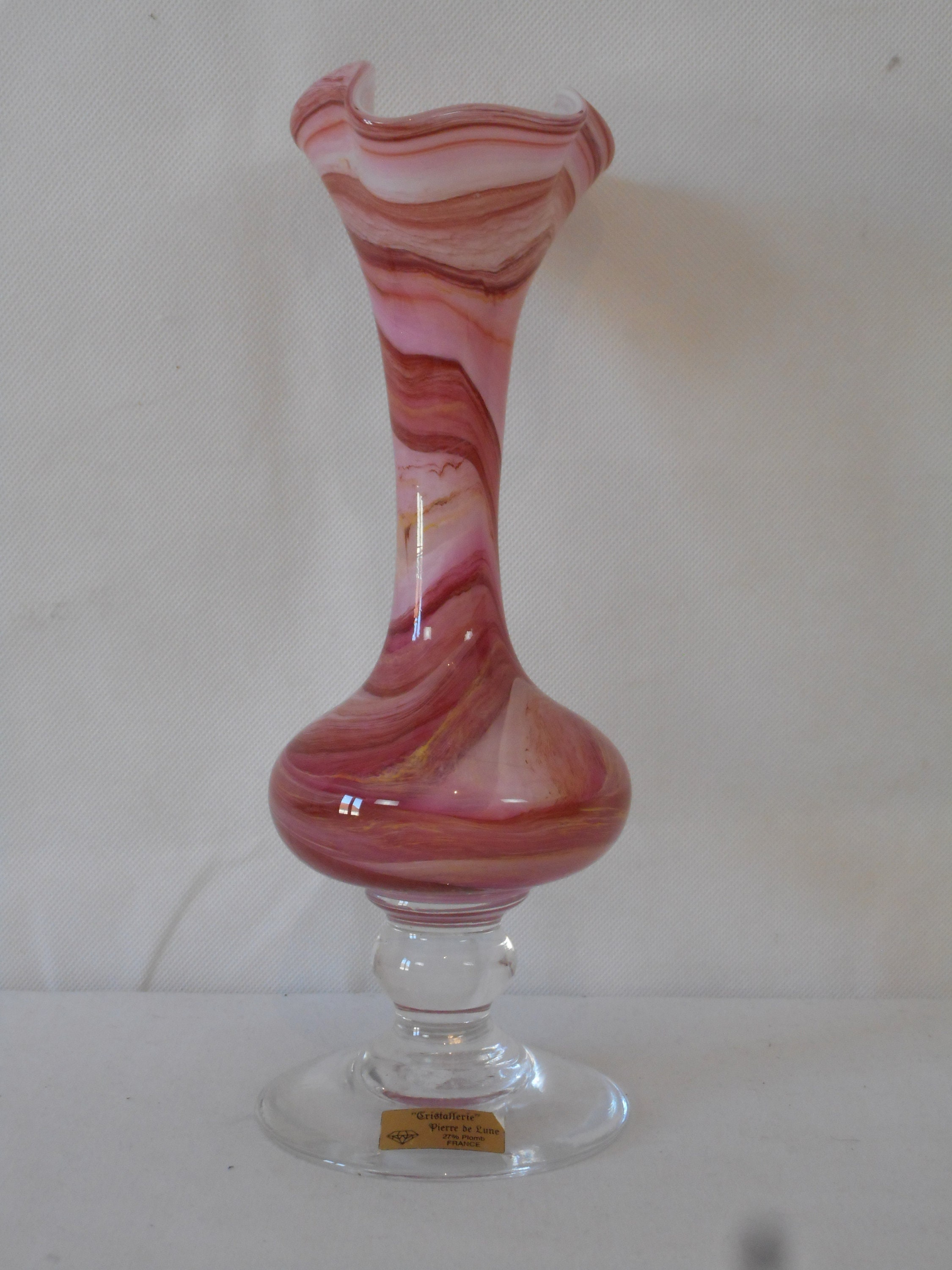 Superbe Vase Décoratif en Verre Cristallerie Français Vintage Pierre de Lune/Décor Français