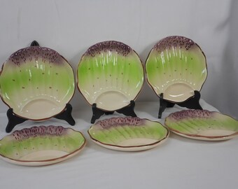 P## set of six rare Antique French Barbotine hand painted and hand made majolica Asparagus Plates
