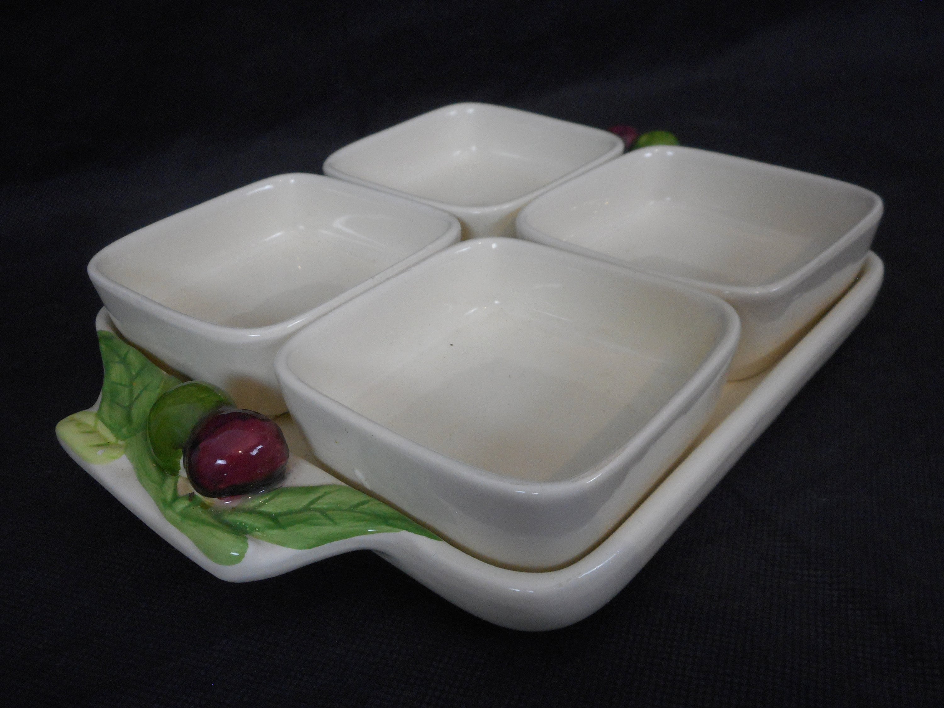 Vintage Français Plat d'olive Peint à La Main en Céramique/Vaisselle Apéritif Grignote Plat