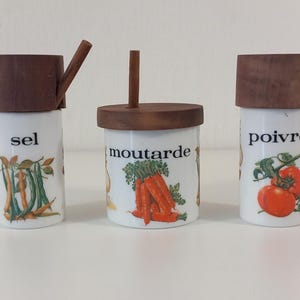 vintage French glass and wood 3 piece table condiment set salt and pepper pots