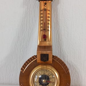 hand made vintage French wall mountable shaped wooden decorative barometer/ Thermometer