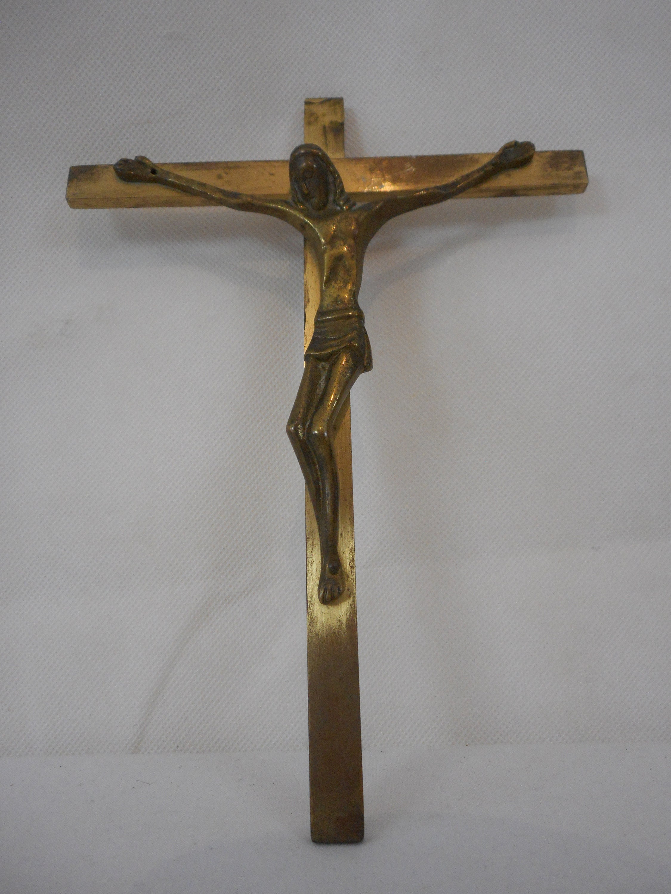 Vintage Français Croix de Crucifix Religieux en Laiton et Bronze Montable Au Mur