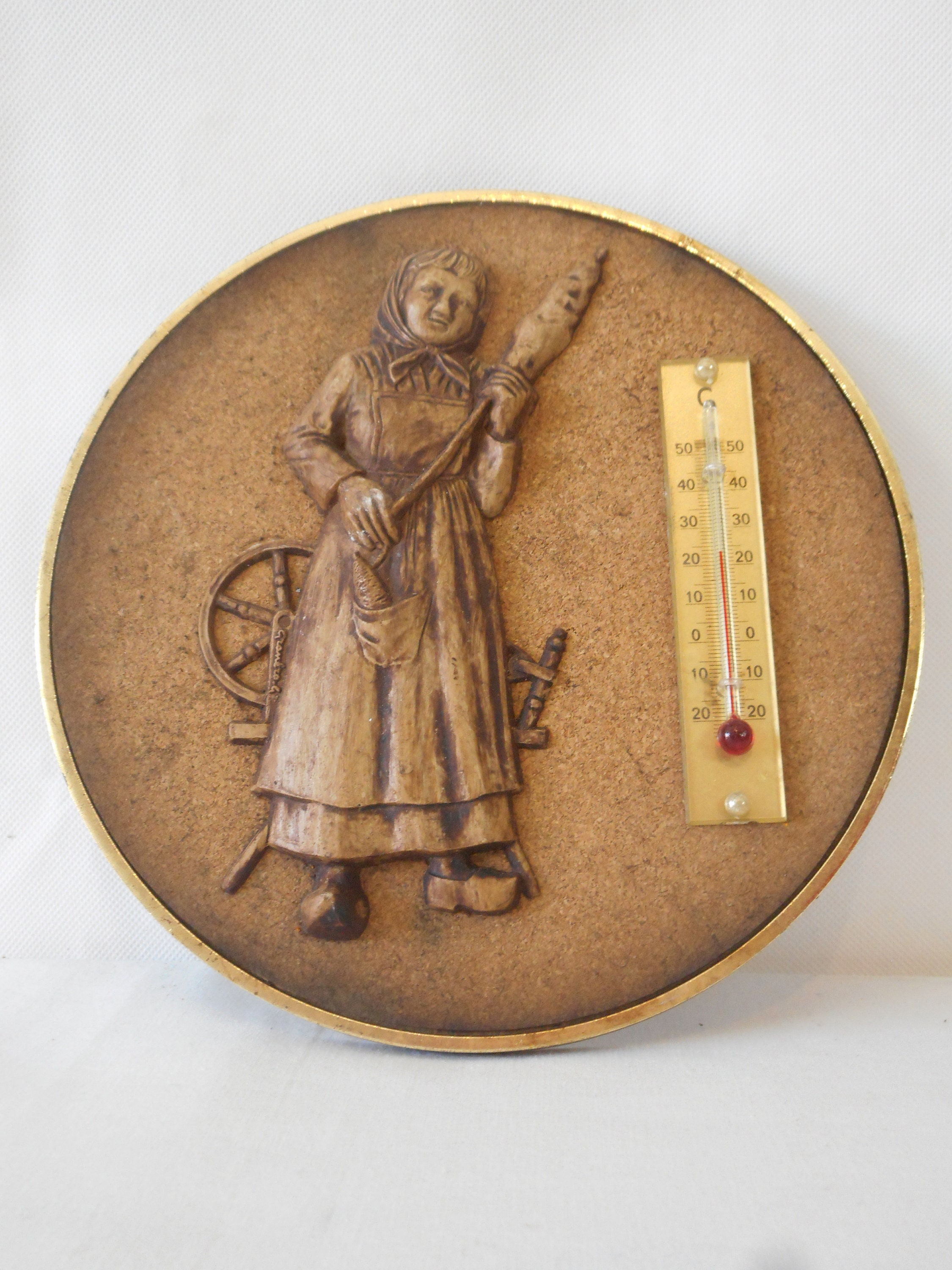 Vintage Français Mur Montable Thermomètre de Forme Ronde/Décor