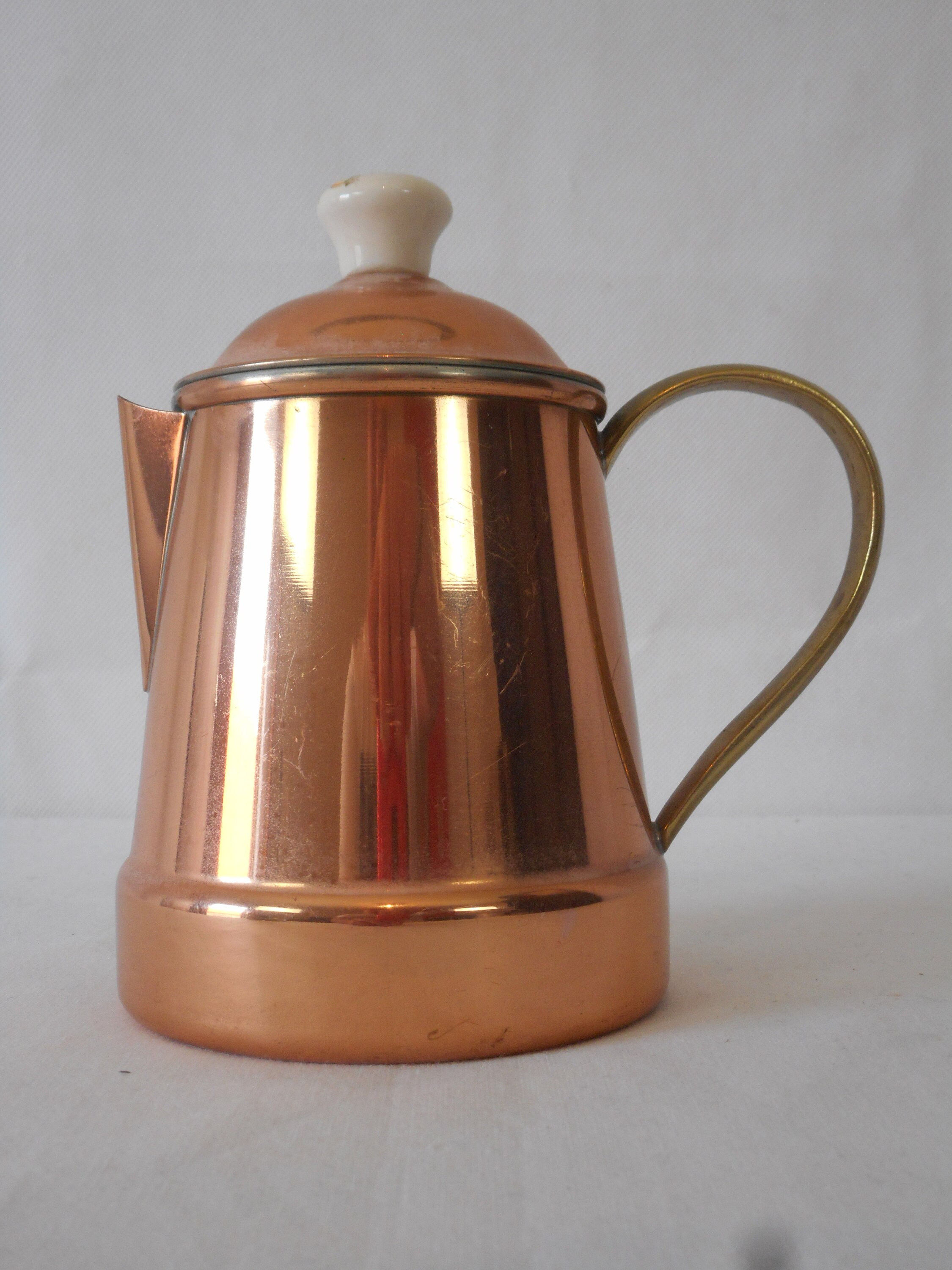 Vintage Français Cuivre et Laiton Petit Crémier à Couvercle/Cruche de Lait Cruche