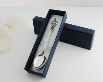 Silver spoon 925, personalized, with ruby, turquoise or coral stone on top of a vintage handle,  christening keepsake, mothers day gift