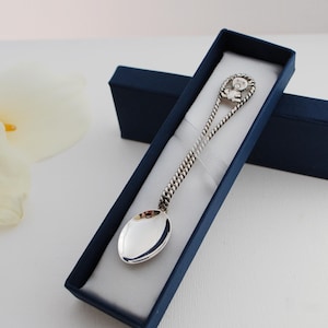 Baby silver spoon with name engraved, teddy bear on handle, baby birth gift, christening keepsake