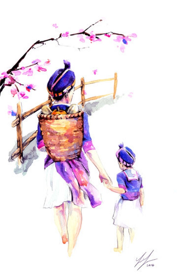 Mother Daughter Hmong Painting Watercolor Art | Etsy