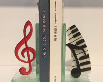 Handmade Fused Glass Music Bookend – Treble Clef & Piano Keys