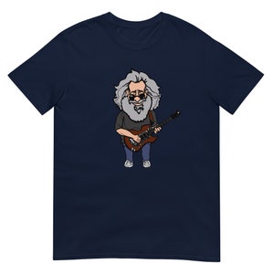 May include: A navy blue t-shirt with a cartoon illustration of a man with long gray hair and a beard playing a guitar.