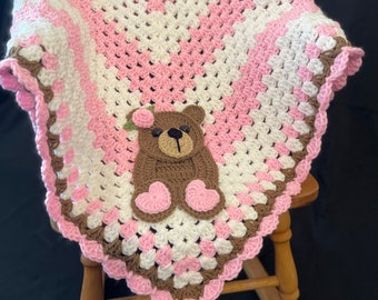Manta de bebé de ganchillo con forma de oso - Hecha a mano - Reliquia familiar - Afgana